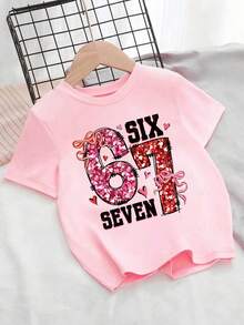 少女字母印花圆领短袖休闲百搭T恤 - 粉色 - 查看 2