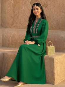 SHEIN Teen Girl Casual Vacation V-Neck Lantern Sleeve Ribbon Decor Dress, Solid Color With Belt, Olive Green Teen Green Dress Modest Green Dress Embroidered Long Dress Bohemian Green Dress Green Long Sleeve Dress - Dark Green - View 2