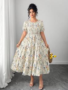Elenzga Große Größen Damen Kurzarm Kleid mit Blume Muster, elastischer Taille und gestuftem A-Linie Schnitt, eleganter Urlaubsstil, geeignet für Frühling/Sommer - Aprikosenfarben - Übersicht 6