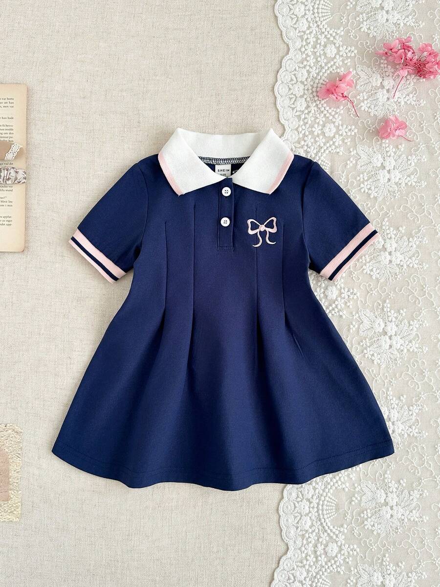 SHEIN 1pc Infant Girls' White Casual Dress, Ribbed Collar & Cuffs, Suitable For Casual Wear, Outdoor, Sports, And Parties - Navy Blue - View 1