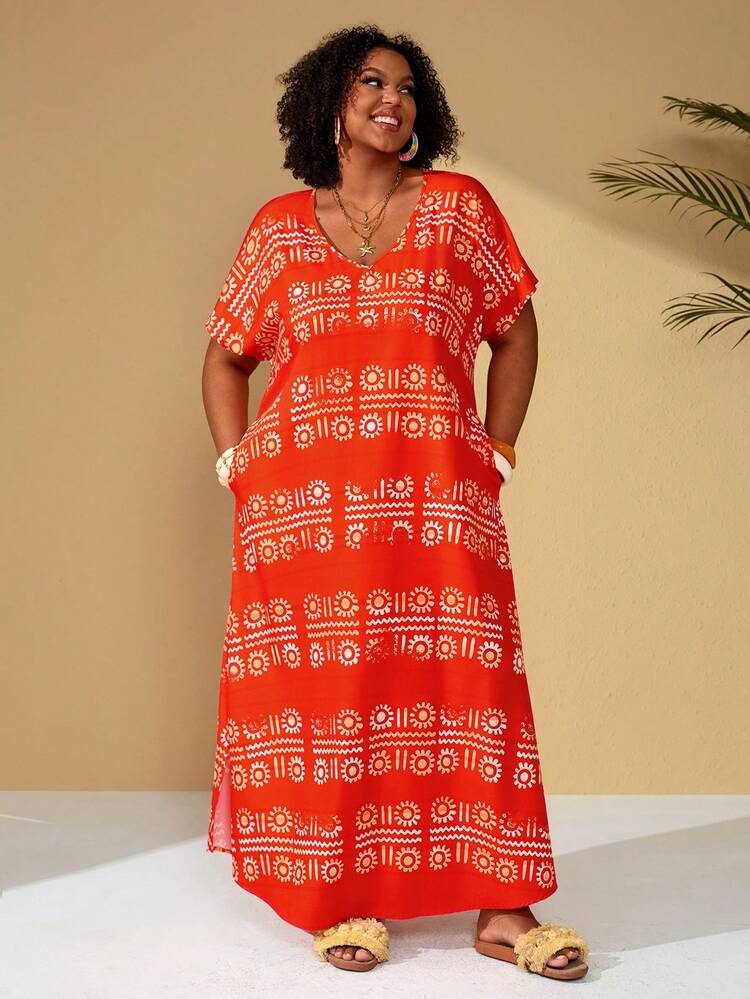 Plus Size Women Floral Print V-Neck Short Sleeve Pocketed Casual Dress For Summer/ Vacation Summer Dress  Summer Outfits Summer Clothes Spring Dress Spring Outfit Women Spring Clothing Floral Dress Floral Dresses For Women Beach Vacation Outfits For Women Vacation Dress Bohemian Plus Size Vacation Dress Plus Size Summer Dress