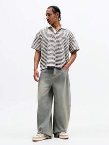 SUMWON Áo Polo Essentials kẻ sọc dáng hộp, tay ngắn, cổ bẻ, kiểu dáng thường ngày, thích hợp cho mùa hè và xuân, họa tiết sọc ngang, dáng rộng thoải mái, phong cách cổ điển dành cho nam giới. - Nhiều màu - Xem 3