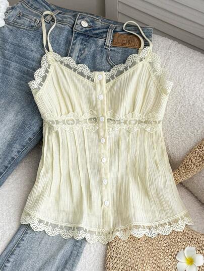 SHEIN Camisetas sin mangas y camisolas para adolescentes de unicolor, apropiadas para el verano. Camisola con botones y encaje bordado con abertura delantera - dulce y de moda