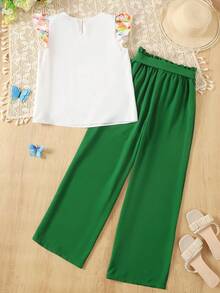 SHEIN 少女衬衫套装，白色绿色，花朵印花飞袖荷叶边上衣和纸袋腰裤两件套，休闲旅行、假日、度假 - 綠色 - 查看 2