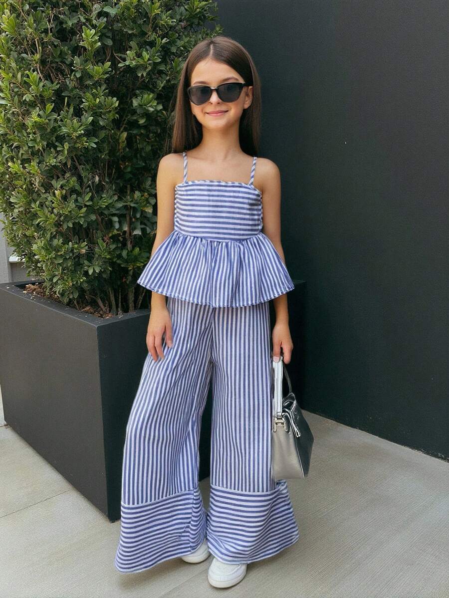 Firerie Kids Firerie Kids 少女无袖方领条纹荷叶边夏季吊带背心套装 - 藍白色 - 查看 1