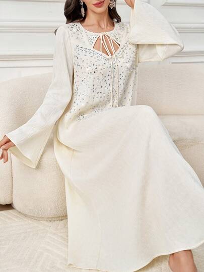 Yasmyna 女士优雅阿拉伯风格连衣裙，饰有水钻，系带领和喇叭袖