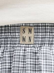 SUMWON Quần short Bermuda dáng rộng, kẻ caro, cạp chun và túi bên hông, thích hợp mặc thường ngày vào mùa hè. - Xám - Xem 6