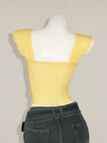 SHEIN ICON Áo tank top nữ dáng ôm, xếp ly phía trước, phối lưới, tay ngắn, hở lưng, thích hợp mặc đi nghỉ mát. - Vàng nhạt - Xem 2