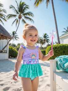SHEIN Traje de baño de tirantes con bloques de color y lazo de punto con estampado de sirena casual de verano para niña bebé - Morado - Ver 3