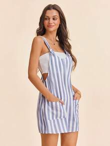 Coeurva 女士春夏度假装扮，女士休闲条纹印花无袖连体裤，带口袋，适合春夏通勤；女士夏季沙滩度假无肩带宽松白蓝条纹双口袋V领短款连体裤；女士夏季优雅装扮；柔软舒适面料连体裤，带口袋；女士夏季连体裤；女士短款套装；女士度假连体裤；女士背带裤 - 藍白色 - 查看 7