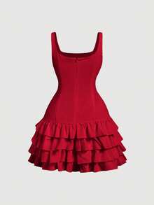SHEIN CURVE+ CURVE PLUS /Valentine's Day/Plus Size Red Cute Cake Ruffle Hem Cropped Tank Dress, Valentine's Day Date Dress - Red - View 8