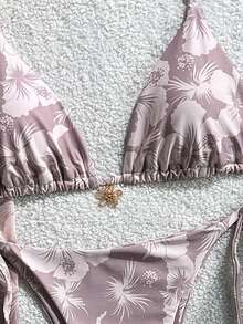 Swim Mod 3pcs/Set Women Summer Random Print Halter Beach Dress Tie-Up Retro Vacation Bikini Set - Multicolor - View 3