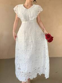 DAZY 女士优雅蕾丝领无袖长裙，夏季婚礼宾客礼服 - 白色 - 查看 9