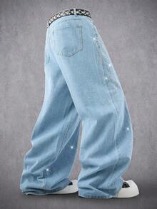 Manfinity Denimwave 时尚水钻装饰宽松直筒牛仔裤，男女皆宜 - 淺色水洗藍 - 查看 2