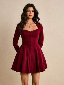 Poéselle Women's Elegant Solid Color Sweetheart Collar Mini Dress Valentine's Day Outfit Women's New Arrivals For New Year & Spring Wine Dress Red Dress Women Elegant Women Mini Dresses Pleated Dress - Burgundy - View 5