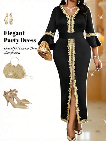 Fleurora Valentine Spring And Summer Autumn And Winter Elegant Modest Party  Cocktail Party Office Concert/Music Festival Black Knitted V Neck Shirt Collar SPlit Flounce Sleeve Belted Tape Bodycon Dress Long Three Quarter Length Sleeve Plus Size Dresses Plus Size Women Belted V-Neck Flare Sleeve Fitted Elegant Dress Winter Dress Carnival Costume Carnival Women Look 2026 Carnival Outfit Carnival Costume For Women Women Carnival Costume Carnival Costumes Female Carnival Costume Party Dress Elegant Party Dresses For Women Elegant Dresses For Women Elegant Dresses For Ladies Black Dress Black Dresses For Women