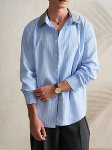 Airaco Men's Contrast Color Striped Long Sleeve Shirt - Blue - View 3