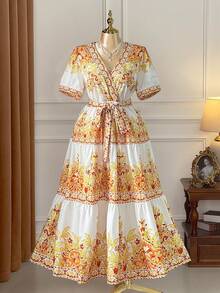 DreamSkyne Đầm maxi xếp lớp cổ chữ V thắt eo, in hoa thanh lịch dành cho nữ cỡ lớn, thích hợp cho các dịp thường nhật như dã ngoại, du lịch, đi biển, lễ hội âm nhạc, tiệc ngoài trời. - Nhiều màu - Xem 8