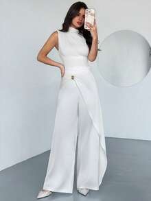 Firerie 女士优雅休闲日常装，都市通勤办公，白色缎面中长裹身裙裤，金属扣装饰，宽松阔腿裤，教师，机场，新款春夏秋冬女士裤装，约会，度假，休闲，时尚百搭白色阔腿裤 - 白色 - 查看 8