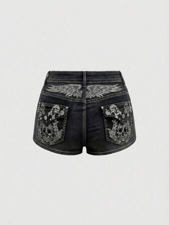 ROMWE Avant Shorts vaqueros súper cortos de talla grande para mujer con bordado de calavera con alas en estilo vintage Y2K