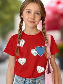 1件少女休闲时尚创意个性化清新别致简约牛仔效果爱心仿珍珠印花舒适基础款短款T恤，适合情人节及所有季节 - 酒紅色 - 查看 4