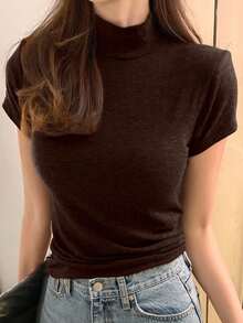 DAZY Women's Mock Neck Fitted Short Sleeve Base Layer T-Shirt Summer - Brown - View 1