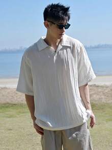 DAZY 男士休闲百搭白色短袖衬衫，夏季 - 白色 - 查看 4