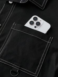 SWAVVY Men's Fashion Short Sleeve Pocket Commuter Shirt, Spring/Summer Men Boxy Shirt Men Street Wear Shirt Men Cropped Button Up Shirt - Black - View 4