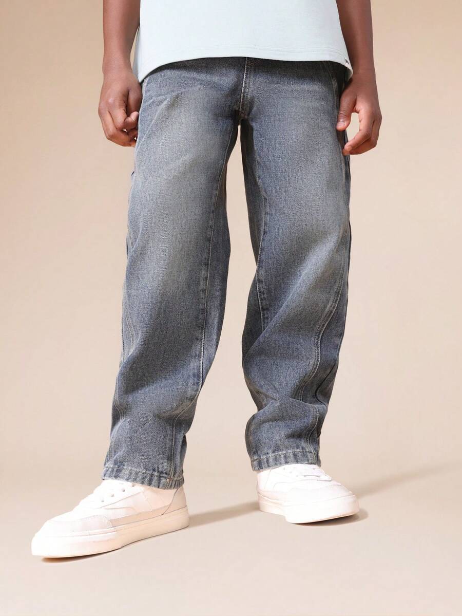 SUMWON Relaxed Straight Leg Barrel Jeans With Seam Detail And Medium Wash Finish For Boys Casual Daily Wear Vacation - Medium Wash - View 1