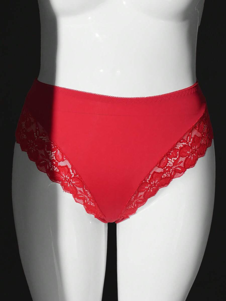 SHEIN Plus Size Sexy Lace Patchwork Panties, Valentine's Day - Red - View 1