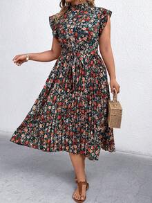 EMERY ROSE 大码女式夏季复古印花立领荷叶袖系带褶皱连衣裙 - 黑色 - 查看 3