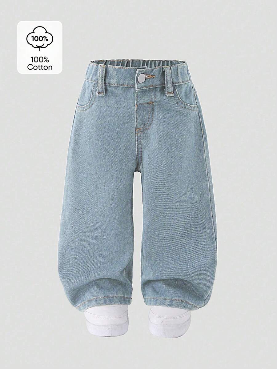 SHEIN Playful Pals Quần jean ống rộng cạp chun cho bé gái - Rửa nhẹ - Xem 1