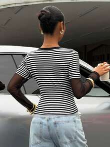 Muchica Women's Knitted Striped 2 In 1 Fitted Long Sleeve T-Shirt  For Going Out Outfits, Streetwear, Y2K Clothes, Striped Long Sleeve - Black and White - View 2