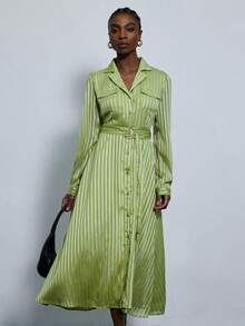 Aveloria Modichic Commuter Style Collared Minimalist Striped Satin Long Sleeve Dress - Green - View 4