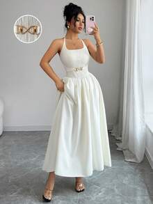 Elenzga 新款女士吊带系带针织弹力纹理面料混纺金属装饰纽扣修身优雅年轻派对通勤百搭连衣裙 - 杏色 - 查看 3