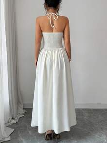 Elenzga 新款女士吊带系带针织弹力纹理面料混纺金属装饰纽扣修身优雅年轻派对通勤百搭连衣裙 - 杏色 - 查看 2