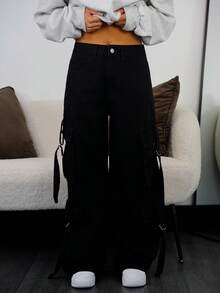 SAYEHFBABY 水洗纯色口袋休闲直筒牛仔裤 - 黑色 - 查看 5