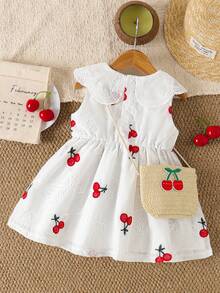 SHEIN Vintaside Kids Baby Girl Cherry Embroidered Sweet Princess Dress + Matching Cherry Accessory Bag, Sleeveless, Comfortable, Fashionable Outfit For Daily Wear - White - View 2