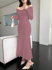 DAZY Đầm midi trễ vai xếp ly màu trơn thanh lịch dành cho nữ, đầm mùa xuân/hè. - Hồng - Xem 2