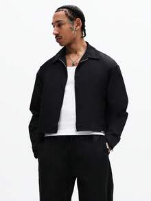 SUMWON Men Long Sleeve Zip Up Cropped Jacket And Wide Leg Pants Two Piece Co Ord Set With Pockets Plain - Black - View 3