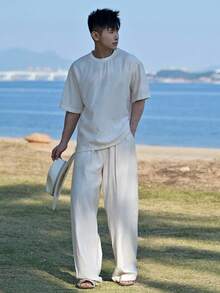 DAZY 男士休闲日常通勤度假简约圆领短袖T恤和阔腿裤套装，春夏秋季 - 杏色 - 查看 3