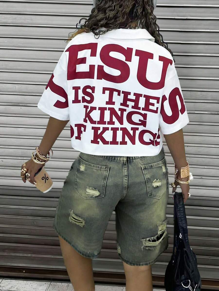 Rovax Women's Letter Print White Casual Versatile Short Sleeve Shirt