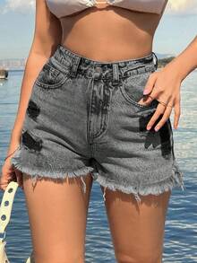 EURMUSE 100%Cotton Back Label Detailed Short With Destroy - Grey - View 4