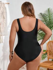 SHEIN CURVE+ 大码女士条纹交叉前开连体泳衣，收腹沙滩装夏季泳衣，夏季海滩，沙滩度假泳衣，夏季，女士度假装，女士沙滩装，大码连体泳衣套装，泳衣，显瘦泳衣 - 黑色 - 查看 2