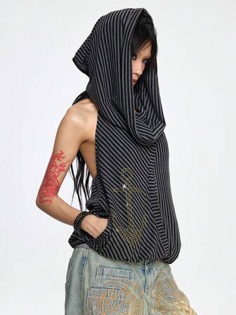 Grunge Punk Felpa con cappuccio vintage stile nautico punk con ancora, rivetti e righe