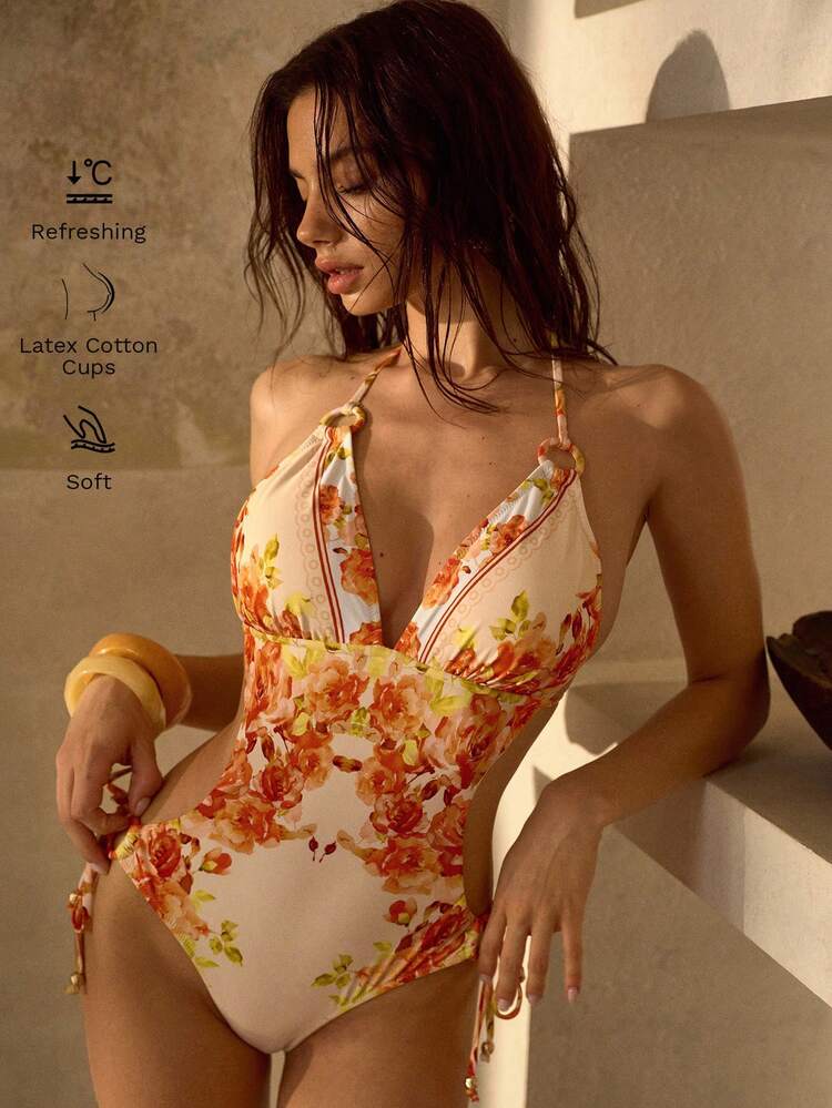 Maillot de bain une pièce sexy à imprimé floral, dos nu, avec de délicats détails texturés dorés, à la mode pour les vacances