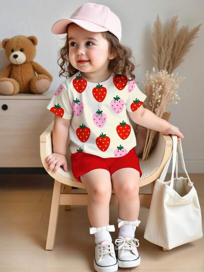 SHEIN LMoss Kids 2pcs/Set Baby Girl White And Red Summer Cute Strawberry Fruit Print T-Shirt & Shorts Outfit, Vacation Casual Baby Girl Cozy Two Pieces Set, Daily Wear Outfit