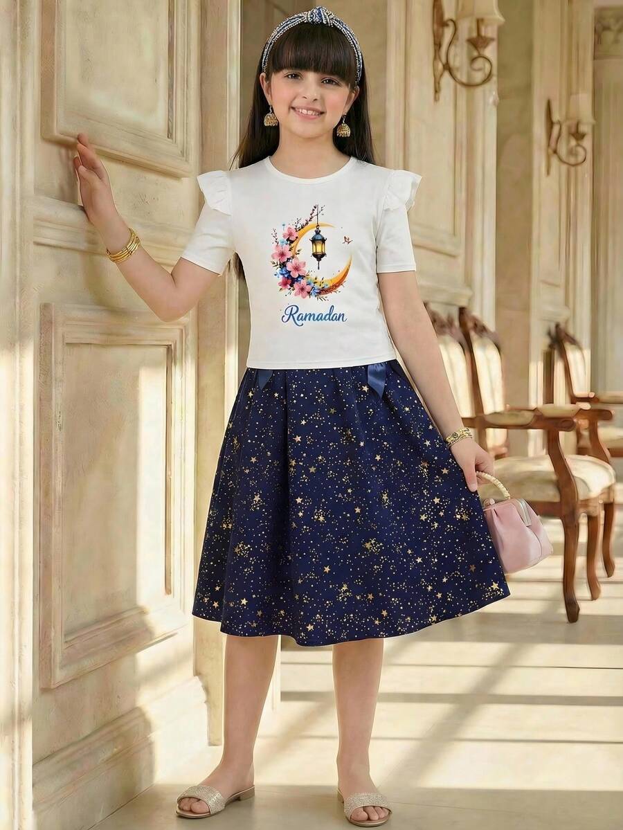 Set de 2 piezas para niñas preadolescentes: Blusa de cuello redondo y mangas acampanadas con estampado de estrellas y lunas + Falda acampanada de cintura elástica con estampado de estrellas, para verano
