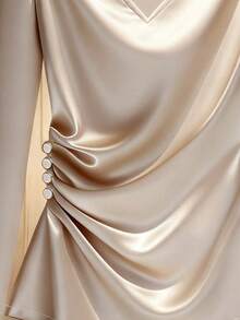 Franclia Women's Casual Champagne Knitted Fabric Ruched Notched V Neck Regular Long Sleeve T-Shirt - Champagne - View 6