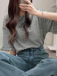 FRIFUL 女士休闲条纹宽松T恤，春夏百搭 - 黑與白 - 查看 9